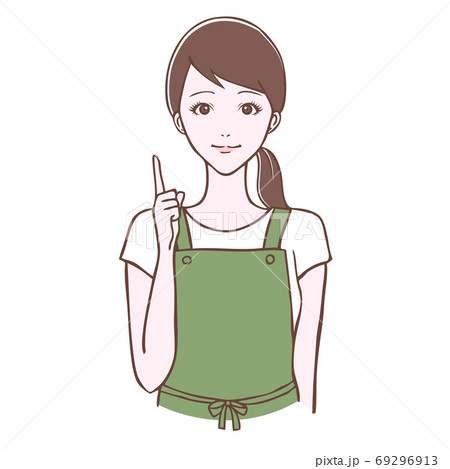 エプロンを着た若い女性 指差しポーズ イラストのイラスト素材
