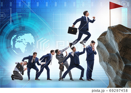 Career progression concept with businessman climbing stairs Career progression concept with businessman climbing stairs 69297458