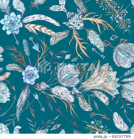 Boho Chic Watercolor Pattern on turquoise background Boho Chic Watercolor Pattern on turquoise background 69297769