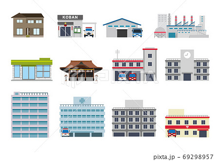 街並み 店舗 公共施設 セットのイラスト素材