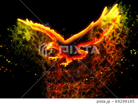暗闇を優雅に羽ばたく抽象的な火の鳥のイラスト素材