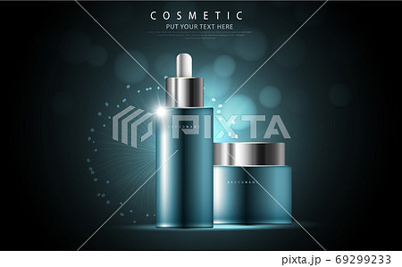 cosmetic product poster, bottle package design with collagen and moisturizer cream or liquid, sparkling background with glitter polka, vector design. cosmetic product poster, bottle package design with collagen and moisturizer cream or liquid, sparkling background with glitter polka, vector design. 69299233