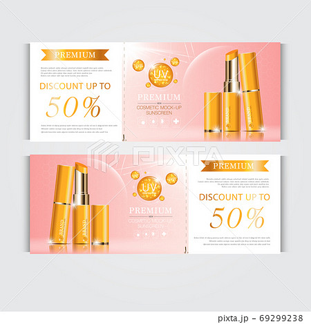 Gift voucher hydrating facial lipstick for annual sale or festival sale. silver and gold lipstick mask bottle isolated on glitter particles background. Banner graceful cosmetic ads. 69299238
