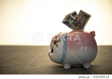 豚の貯金箱とお金 69299618