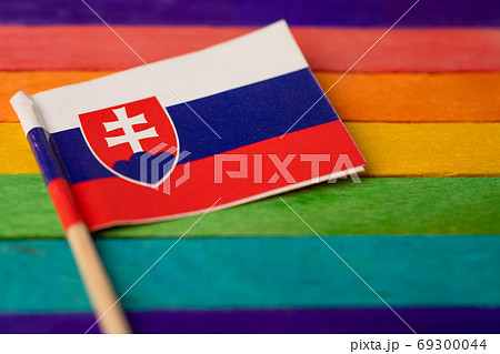 Slovakia flag on rainbow background symbol of LGBT gay pride mon Slovakia flag on rainbow background symbol of LGBT gay pride mon 69300044