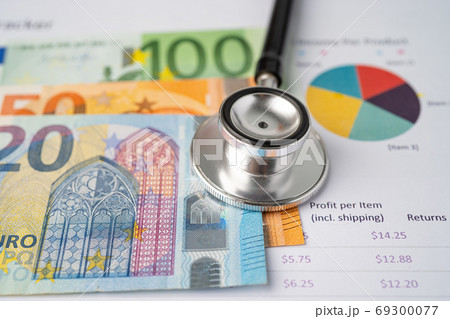 Stethoscope and Euro banknotes on chart or graph paper, Financia 69300077