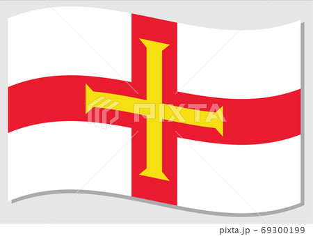 Waving flag of Guernsey vector graphic. Waving Guernesiais flag illustration. Guernsey country flag wavin in the wind is a symbol of freedom and independence. 69300199
