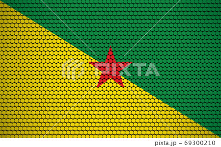 Abstract flag of French Guiana made of circles. Guyanese flag designed with colored dots giving it a modern and futuristic abstract look. 69300210
