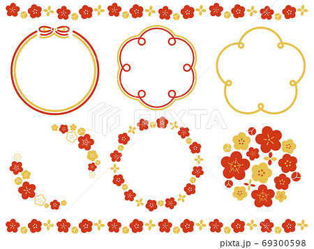 かわいい和風の花のフレーム 罫線セットのイラスト素材