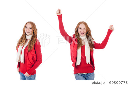 Woman in warm clothing isolated on white 69300778