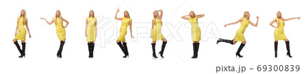 Pretty fair girl in yellow dress isolated on white 69300839
