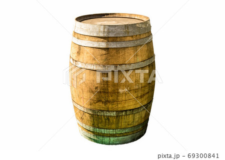 Exemplary old wooden barrel with iron rings and fixtures Exemplary old wooden barrel with iron rings and fixtures 69300841