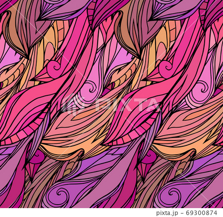 Seamless texture with pink feathers with doodle pattern. 69300874