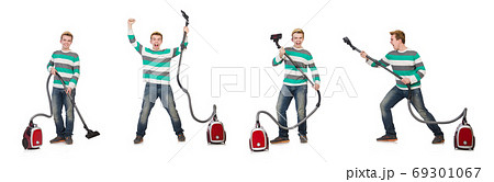 Funny man with vacuum cleaner on white Funny man with vacuum cleaner on white 69301067