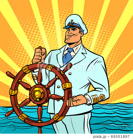 Captain In A White Uniform At The Helm Of The Shipのイラスト素材