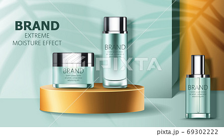 Set of two cosmetic containers on golden podium and one near by with place for text. Extreme moisture effect. Realistic Set of two cosmetic containers on golden podium and one near by with place for text. Extreme moisture effect. Realistic 69302222