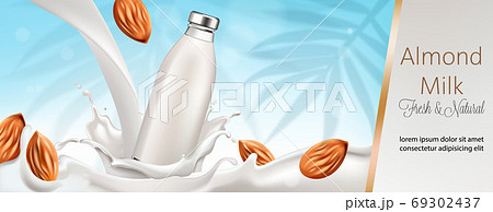 Bottle surrounded and filled with milk and almonds. Place for text, Fresh and natural. 3D Mockup Bottle surrounded and filled with milk and almonds. Place for text, Fresh and natural. 3D Mockup 69302437