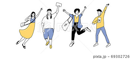 Happy young people smiling and jumping. Four waving students. Simple line doodle vector characters isolated on white background Happy young people smiling and jumping. Four waving students. Simple line doodle vector characters isolated on white background 69302726