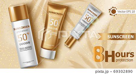 Three containers with water resistant sunscreen laying on beige glitter cloth. Eight hours of UVA and UVB protection. 3D Mockup with product placement 69302890