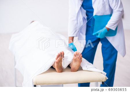 Police coroner examining dead body corpse in morgue 69303655