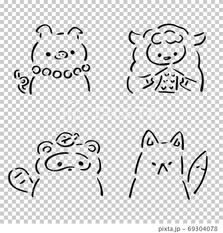 かわいい動物のハーフアップ 白黒イラストのイラスト素材