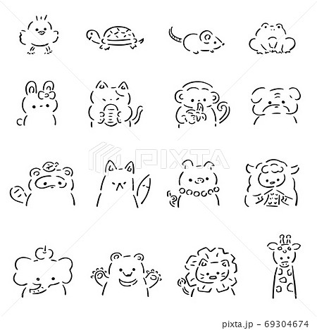 かわいい動物たちのセット 白黒イラストのイラスト素材