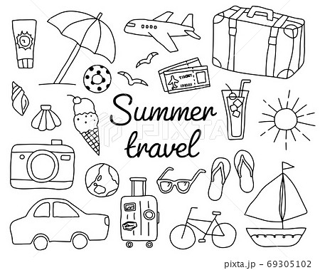 夏旅行の手書きのイラストのセット おしゃれ 旅 トラベル 観光 夏休み 海 ビーチ かわいいのイラスト素材 69305102 Pixta