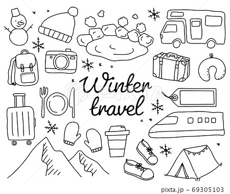 冬旅行の手書きのイラストのセット おしゃれ 旅 トラベル 観光 冬休み 雪 温泉 かわいいのイラスト素材