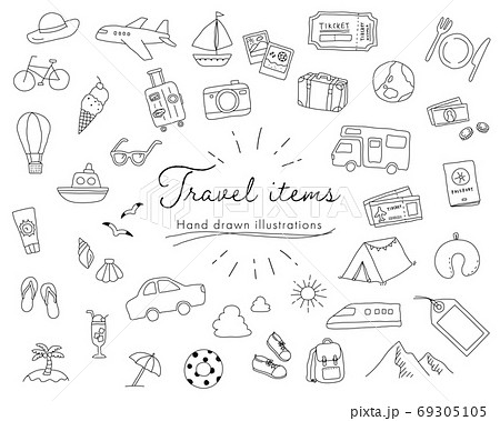 旅行の手書きのイラストのセット おしゃれ 旅 トラベル 観光 レジャー 夏 冬 かわいいのイラスト素材 69305105 Pixta