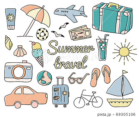 夏旅行の手書きのイラストのセット おしゃれ 旅 トラベル 観光 夏休み 海 ビーチ かわいいのイラスト素材