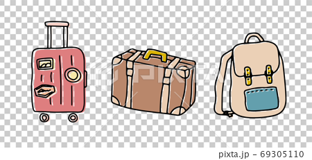 旅行用かばんの手描きイラストのセット キャリーケース トランク スーツケース リュックサックのイラスト素材