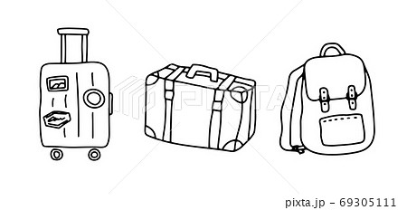 旅行用かばんの手描きイラストのセット キャリーケース トランク スーツケース リュックサックのイラスト素材