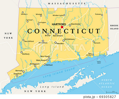 Connecticut, political map with capital Hartford. State of Connecticut, CT, the southernmost state in the New England region of the northeastern United States of America. English. Illustration. Vector Connecticut, political map with capital Hartford. State of Connecticut, CT, the southernmost state in the New England region of the northeastern United States of America. English. Illustration. Vector 69305827