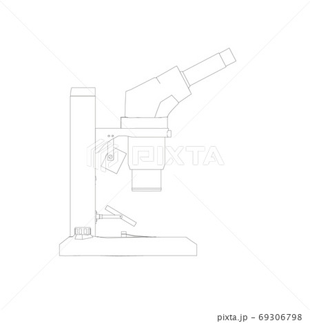 Microscope outline from black lines isolated on white background. Desktop microscope. Side view. Vector illustration Microscope outline from black lines isolated on white background. Desktop microscope. Side view. Vector illustration 69306798