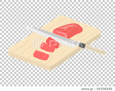 Illustration of cutting a tuna fillet with a knife 69306849