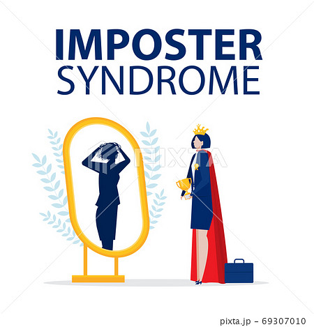 Imposter syndrome.business woman get award standing with mirror and seeing themselves as shadow behind. Anxiety and lack of self confidence at work, vector illustration. Imposter syndrome.business woman get award standing with mirror and seeing themselves as shadow behind. Anxiety and lack of self confidence at work, vector illustration. 69307010