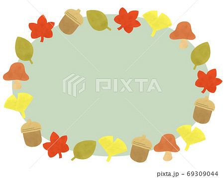 秋の葉っぱときのことどんぐりのフレームのイラスト素材