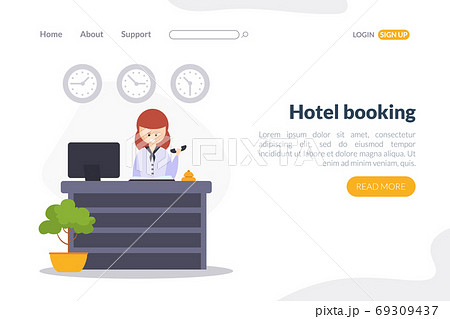 Hotel Booking Landing Page Template, Online Reservation of Hotel Room Wensite, Mobile App Service for Traveling Cartoon Vector Illustration 69309437
