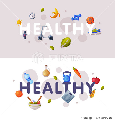 Healthy Lifestyle Banners Set, Fitness and Sports, Proper Nutrition Food Cartoon Style Vector Illustration Healthy Lifestyle Banners Set, Fitness and Sports, Proper Nutrition Food Cartoon Style Vector Illustration 69309530