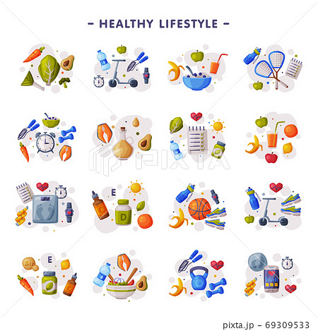 Healthy Lifestyle Set, Fitness and Sports Equipment, Proper Nutrition, Dieting Cartoon Style Vector Illustration 69309533