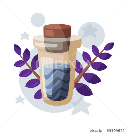 Potion Bottle, Glass Flask with Liquid, Happy Halloween Object Cartoon Style Vector Illustration on White Background 69309622