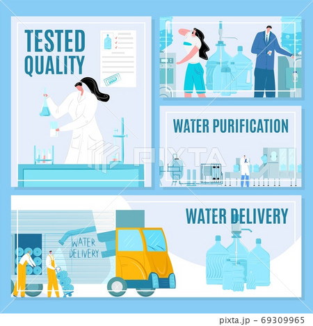 Water delivery and purification process vector illustration banners set. Testing and packaging bottles for drink. Water industry. 69309965
