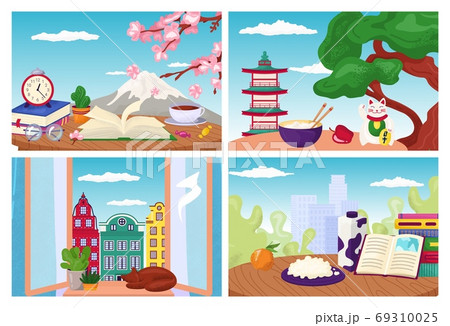 Travel postcards set of vector illustrations of flat design. Travel world landmarks and tourism symbols composition. Vacation postal cards. Travel postcards set of vector illustrations of flat design. Travel world landmarks and tourism symbols composition. Vacation postal cards. 69310025