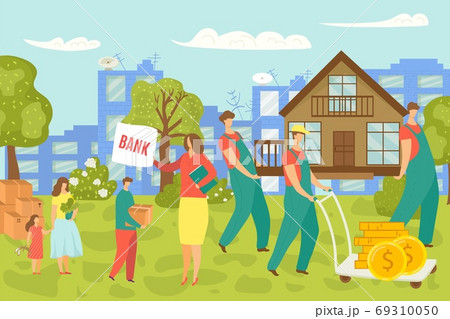 Loss of property, family sells and moves house, uncertainty in real estate housing market concept, vector illustration. Fall and crisis in finance. 69310050
