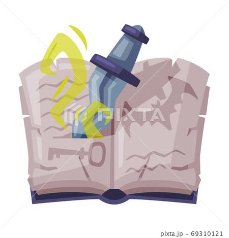 Opened Magic Book with Dagger, Witchcraft Attribute, Happy Halloween Object Cartoon Style Vector Illustration Isolated on White Background Opened Magic Book with Dagger, Witchcraft Attribute, Happy Halloween Object Cartoon Style Vector Illustration Isolated on White Background 69310121