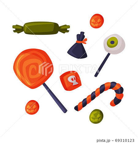Candies and Sweets Set, Happy Halloween Objects Cartoon Style Vector Illustration on White Background 69310123