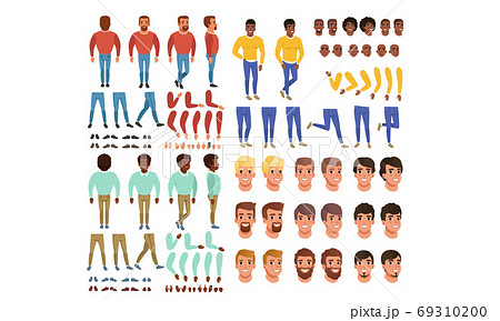 Male Characters Creation Set, Guy Constructor with Various Views, Face Emotions, Poses Cartoon Style Vector Illustration 69310200