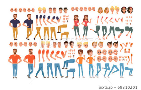 Male and Female Characters Creation Set, People Constructor with Various Views, Face Emotions, Poses Cartoon Style Vector Illustration Male and Female Characters Creation Set, People Constructor with Various Views, Face Emotions, Poses Cartoon Style Vector Illustration 69310201