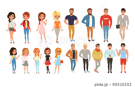 Teenage Boys and Girls in Various Outfits, Students Posing Wearing Fashionable Clothes Cartoon Style Vector Illustration Teenage Boys and Girls in Various Outfits, Students Posing Wearing Fashionable Clothes Cartoon Style Vector Illustration 69310202