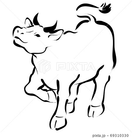 上を見上げて歩く牛のシンプルな墨絵線画のイラスト素材